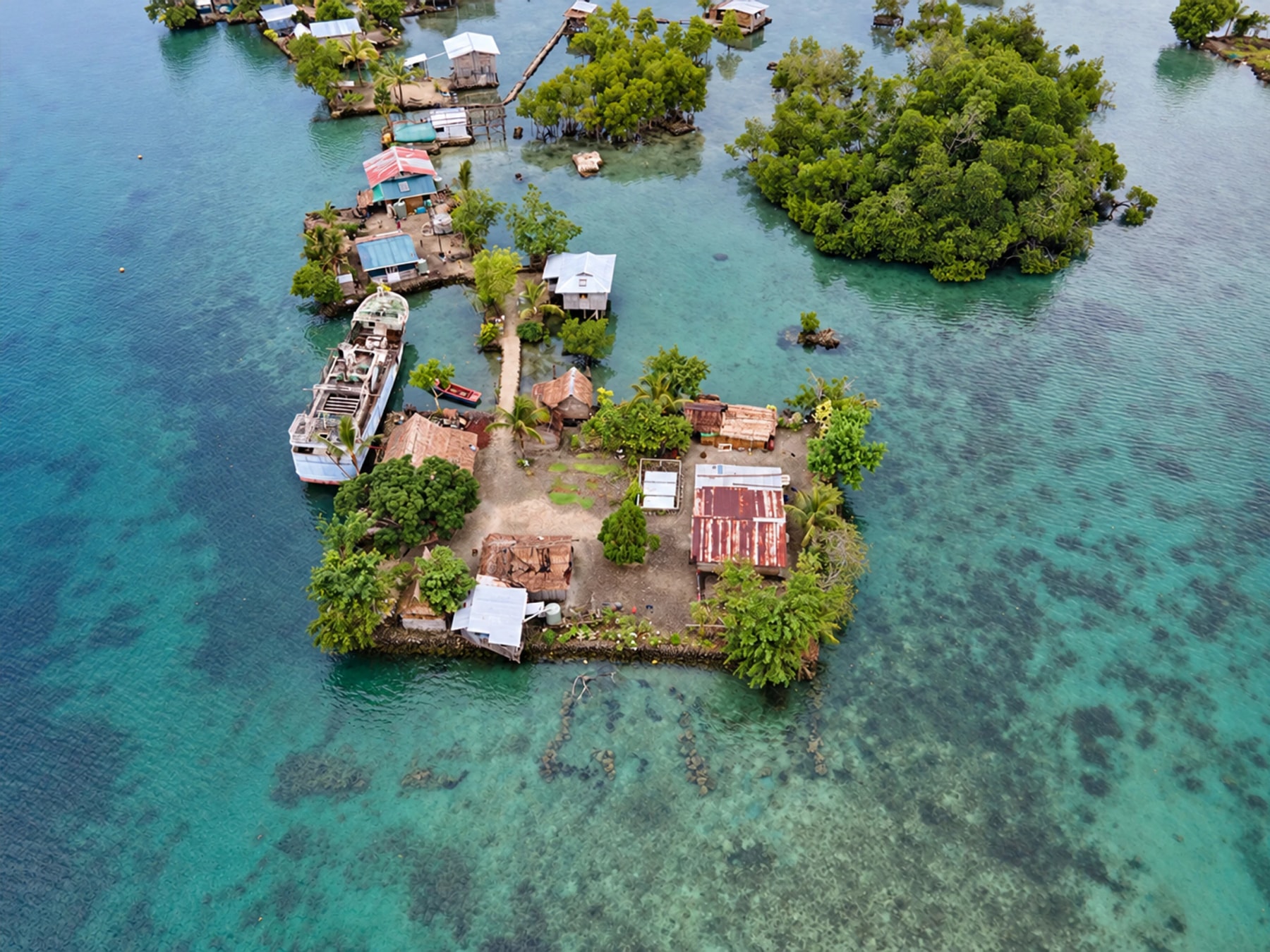 Vue aérienne de petites maisons sur des îlots étroits entourés d’eau turquoise.