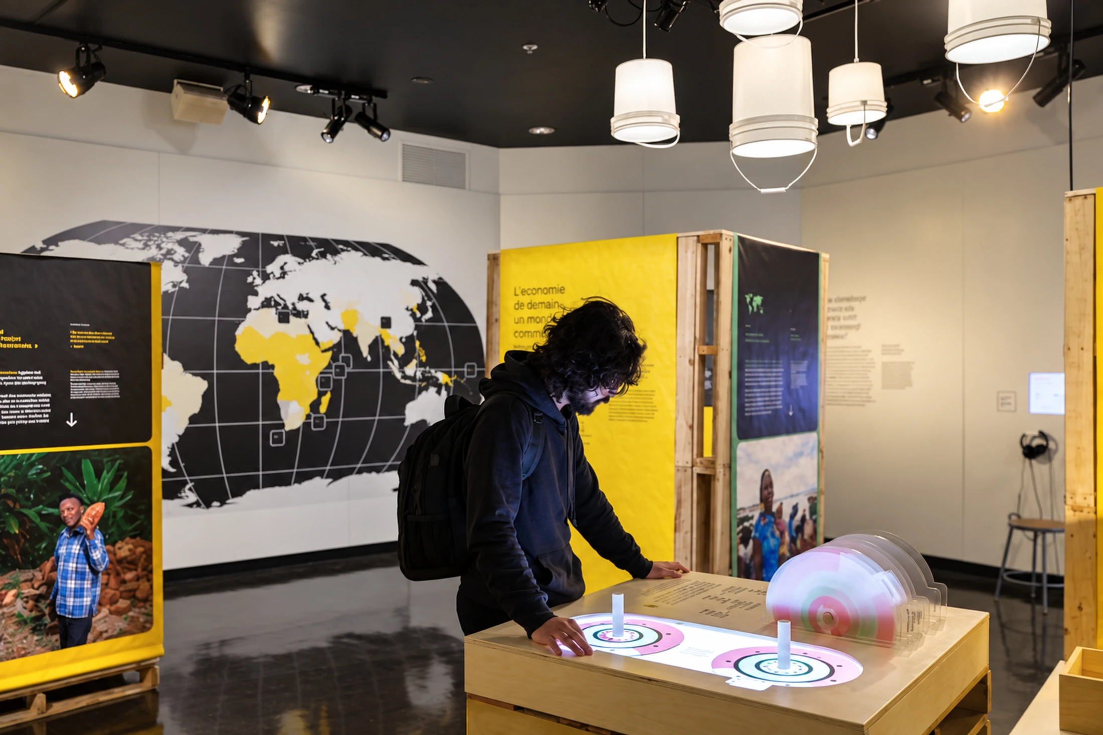 Une personne explore une exposition interactive près d’une grande carte du monde.