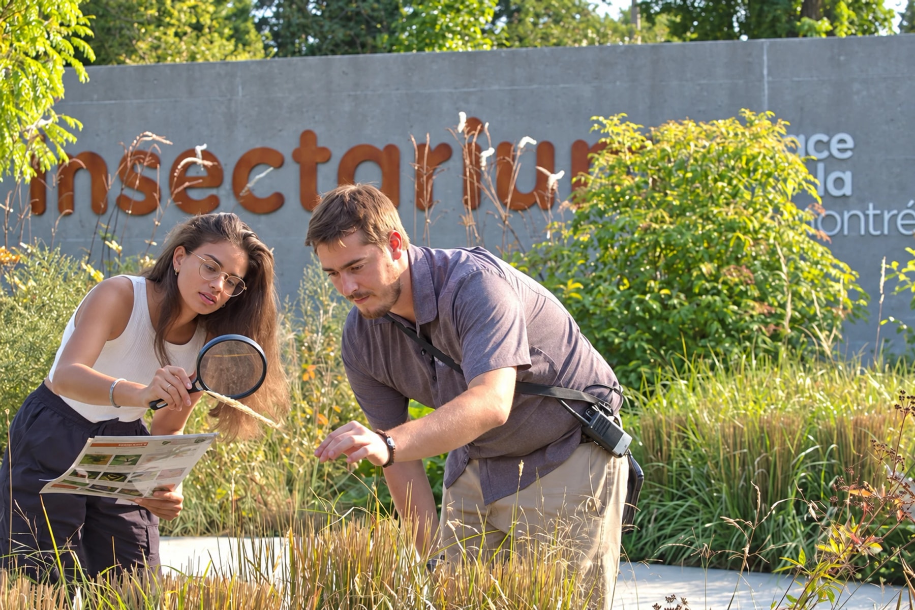 Two visitors examine plants with a magnifying glass outside the Insectarium.