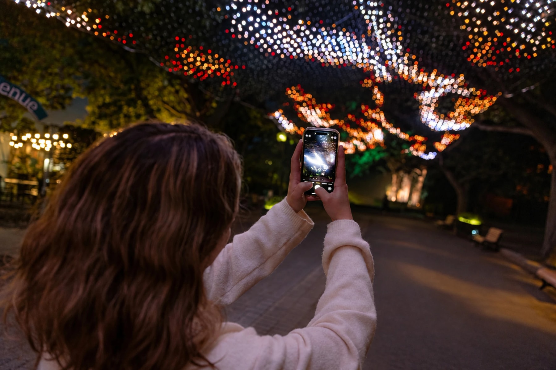 Une personne photographie une voûte de lumières colorées sur un sentier du jardin.
