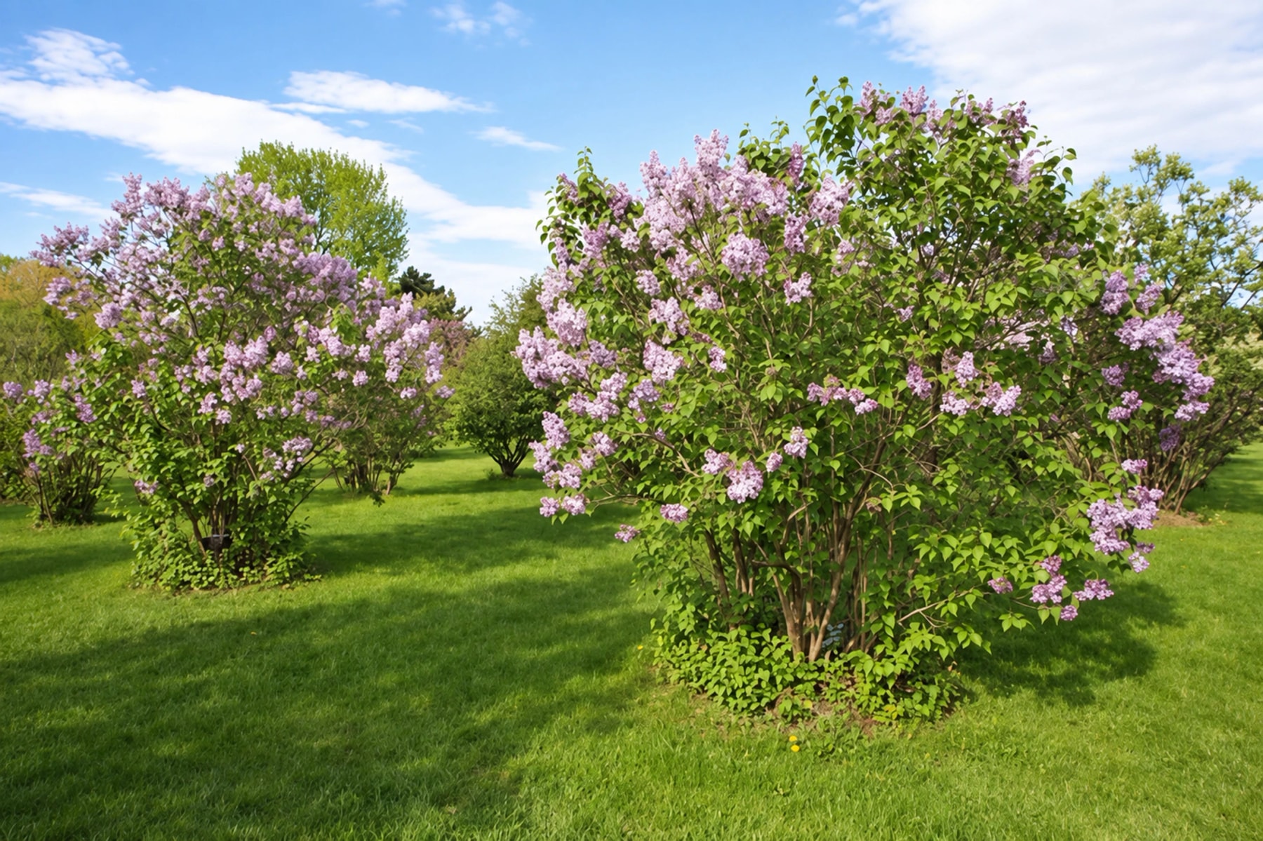 Lilac shrubs covered in pale purple blossoms on a sunny lawn.