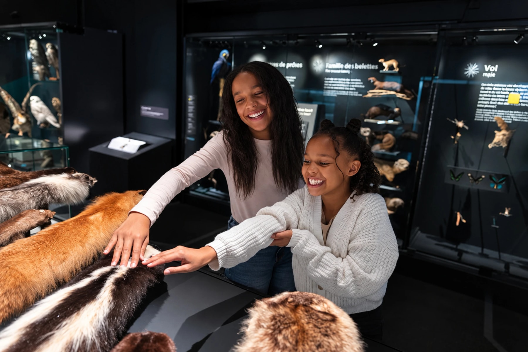Two smiling visitors touch animal pelts in a museum exhibition.