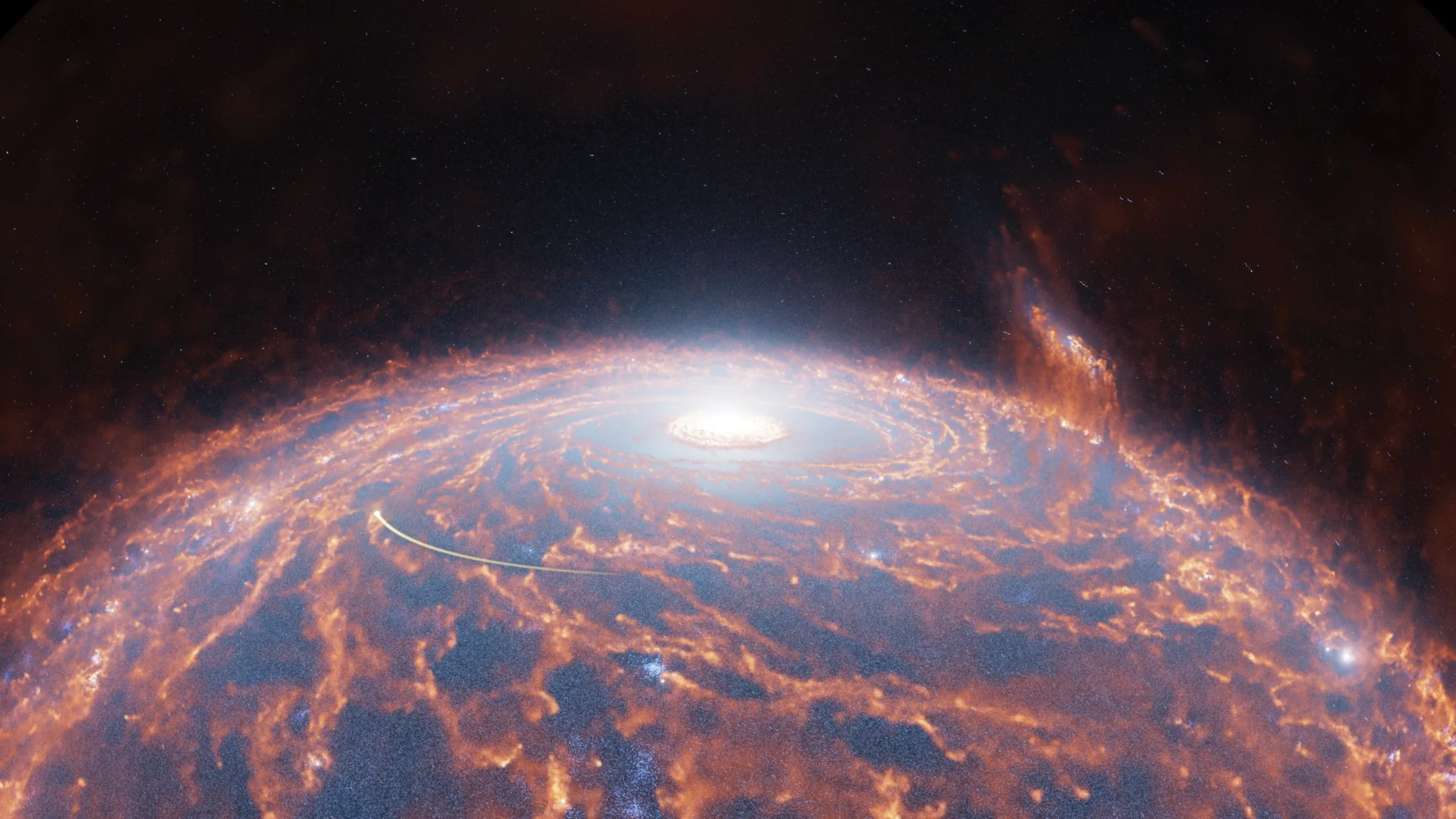 Illustration d’une galaxie spirale au centre brillant et aux bras orange lumineux.