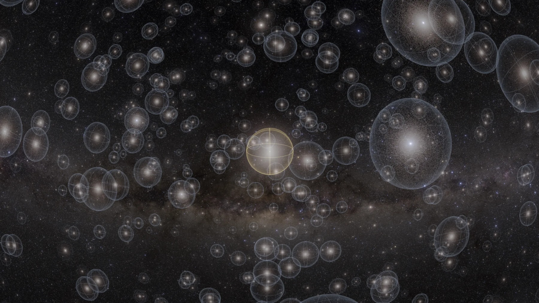Des sphères translucides contenant des étoiles brillantes flottent sur un fond sombre.