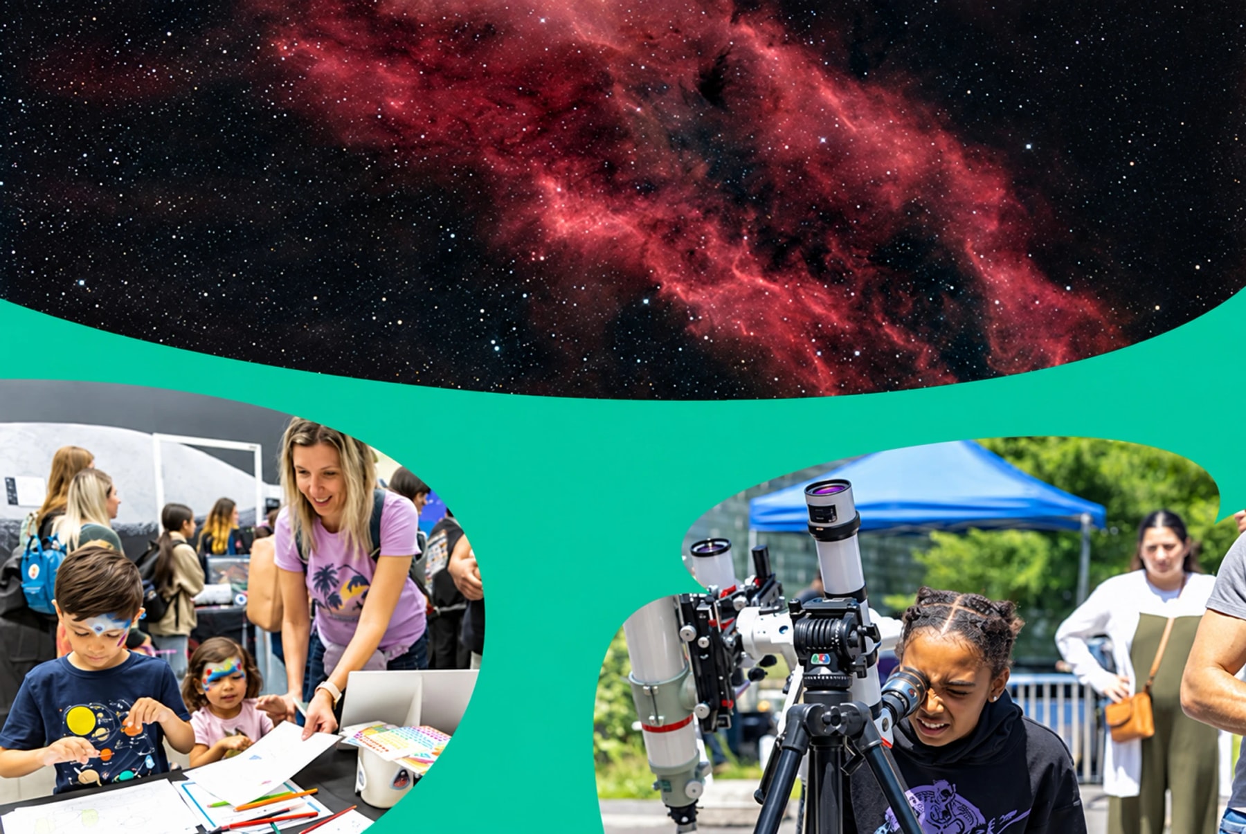 A collage of a nebula, children crafting and a visitor using a telescope.