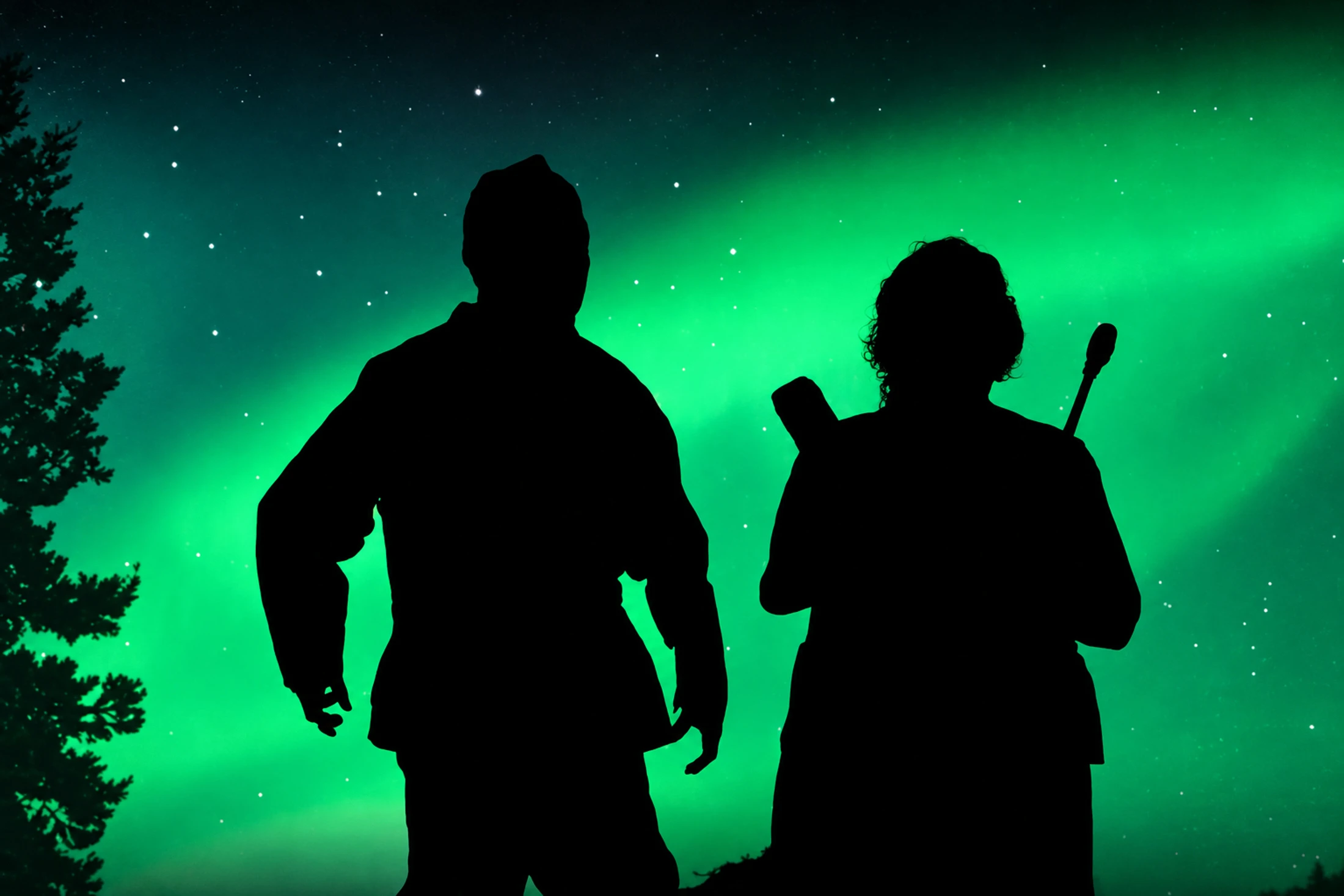 Two performers silhouetted beneath green northern lights.