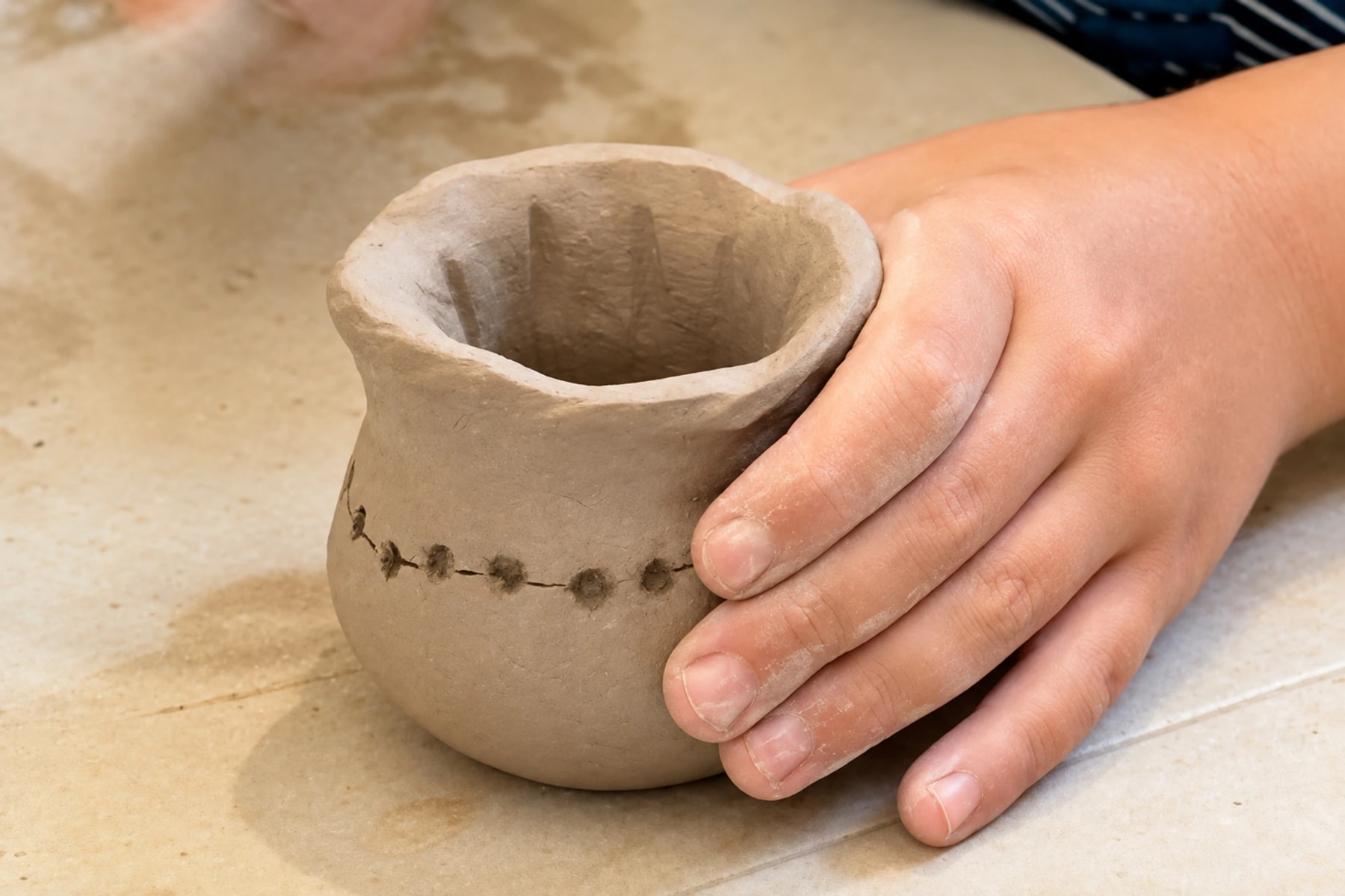 A hand steadies a small clay pot decorated with stamped patterns.