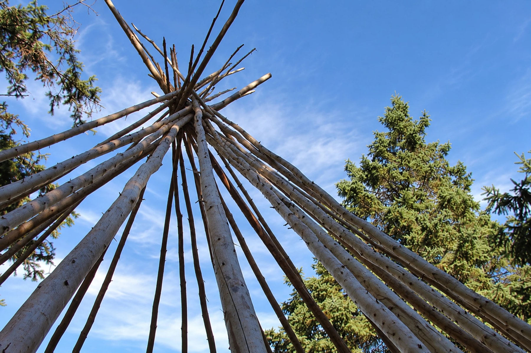 Wooden poles forming a tipi frame rise against a blue sky.