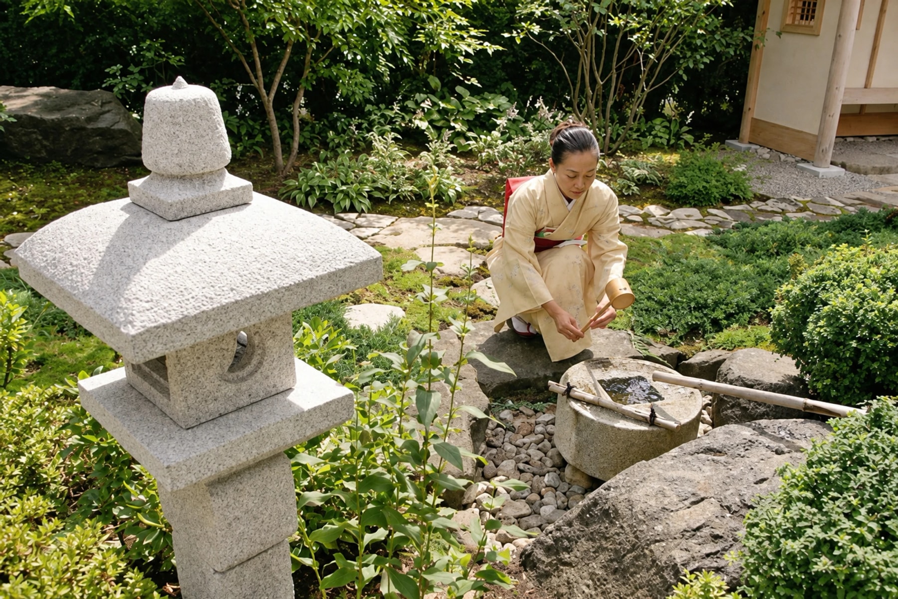 A participant in a kimono kneels beside a stone basin in a garden.