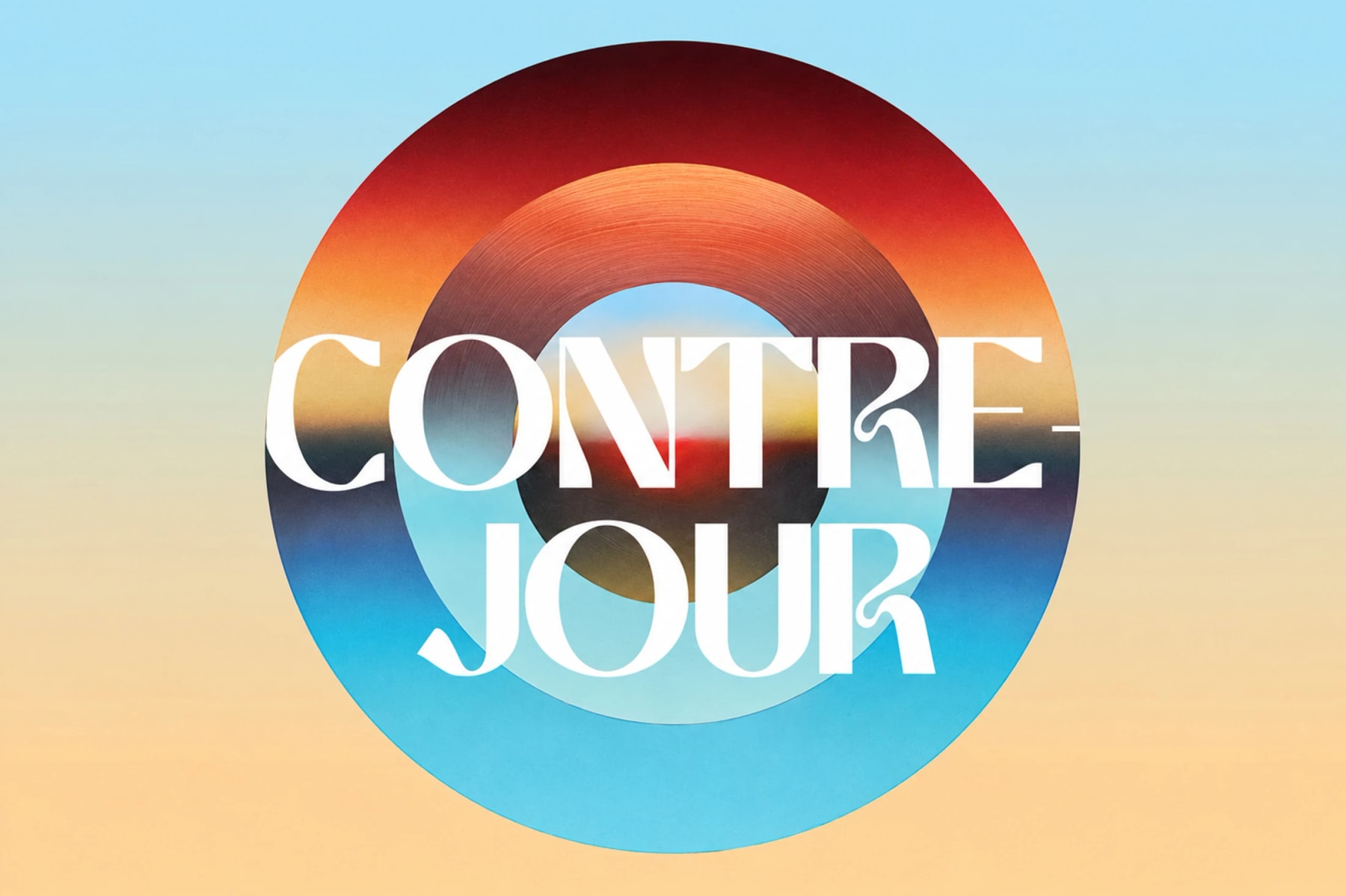Contre-jour lettering over a circular sunset-coloured graphic.