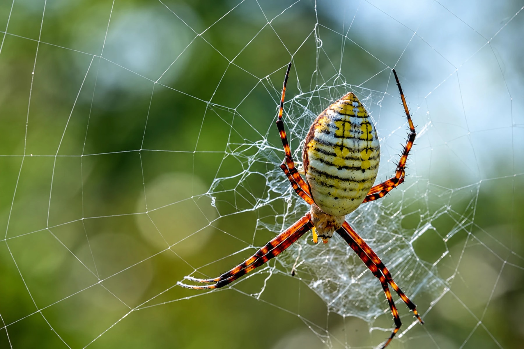 A striped yellow and black spider rests in its web.