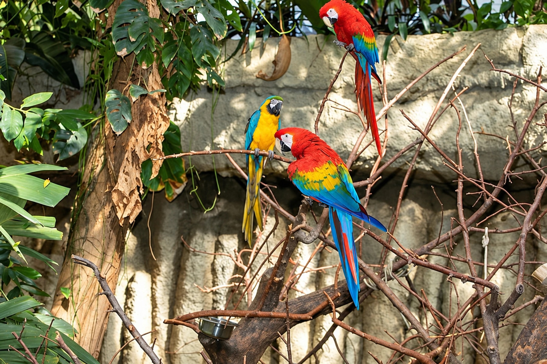 Trois aras colorés sont perchés sur des branches parmi les plantes tropicales.