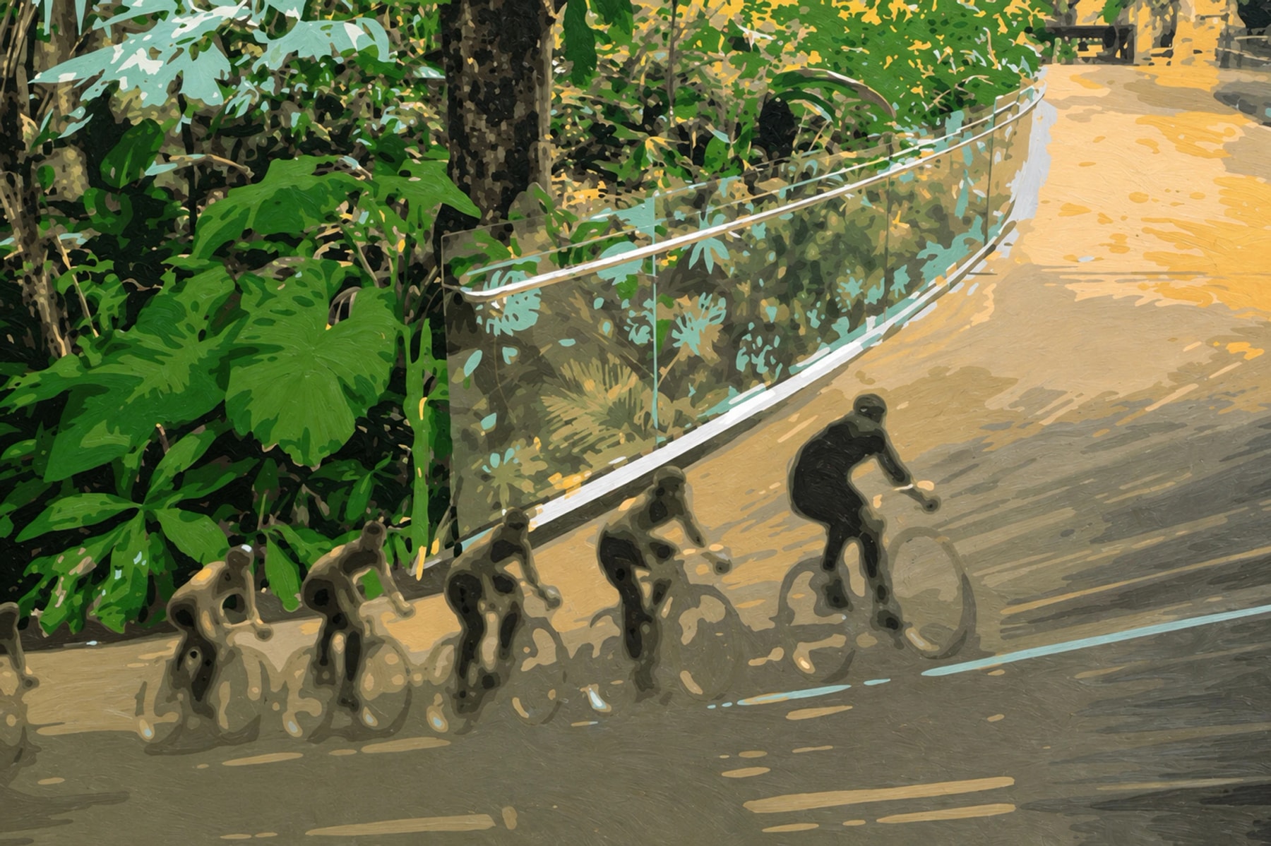 A montage combines cyclists on a track with the Biodôme’s forest walkway.