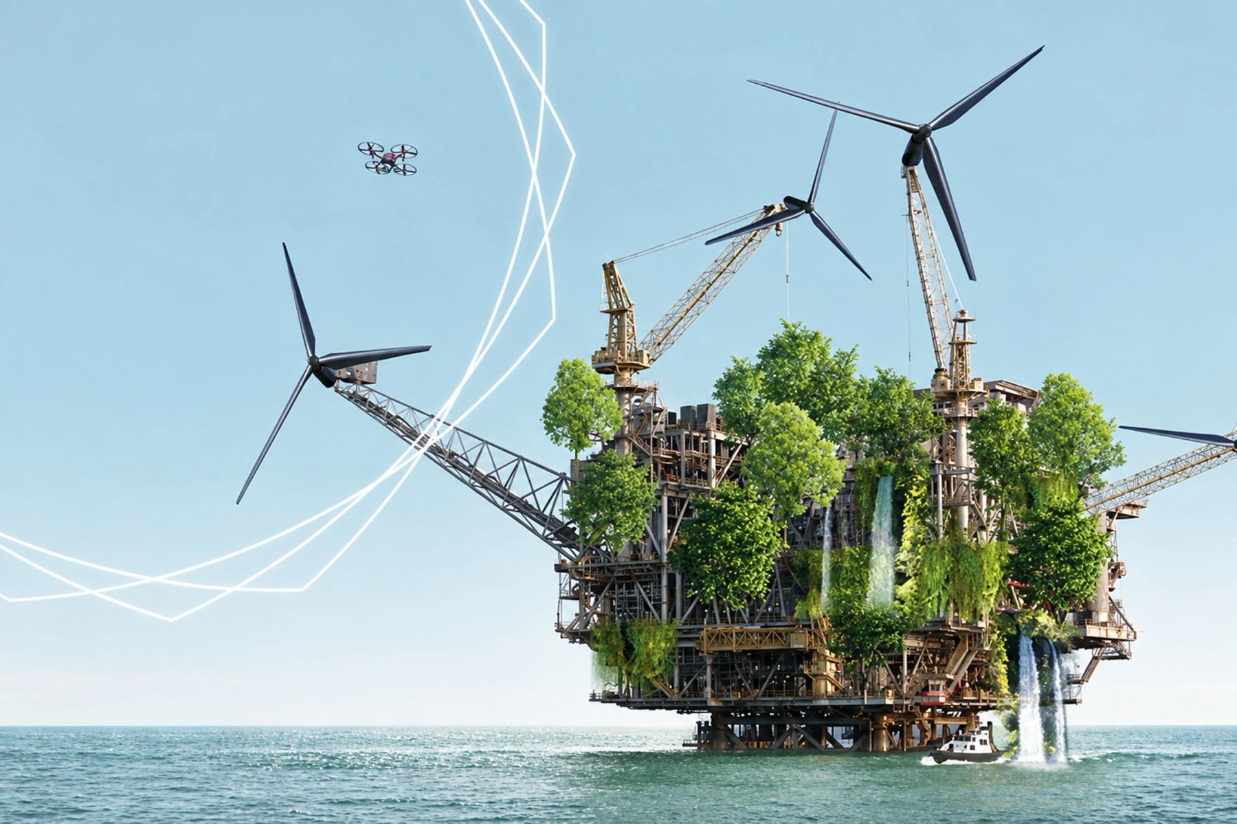 Illustration d’une plateforme en mer avec arbres, éoliennes et cascades.