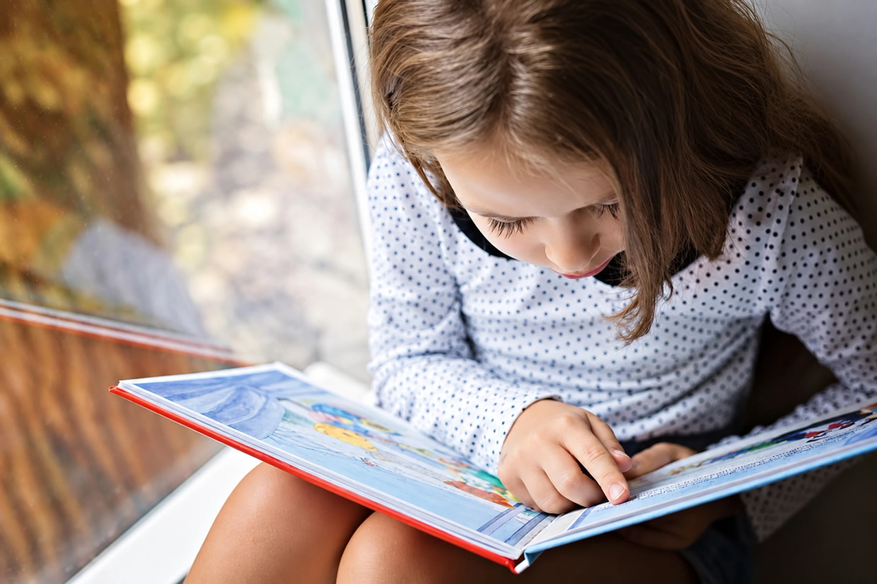 Un enfant lit un livre illustré près d’une fenêtre.