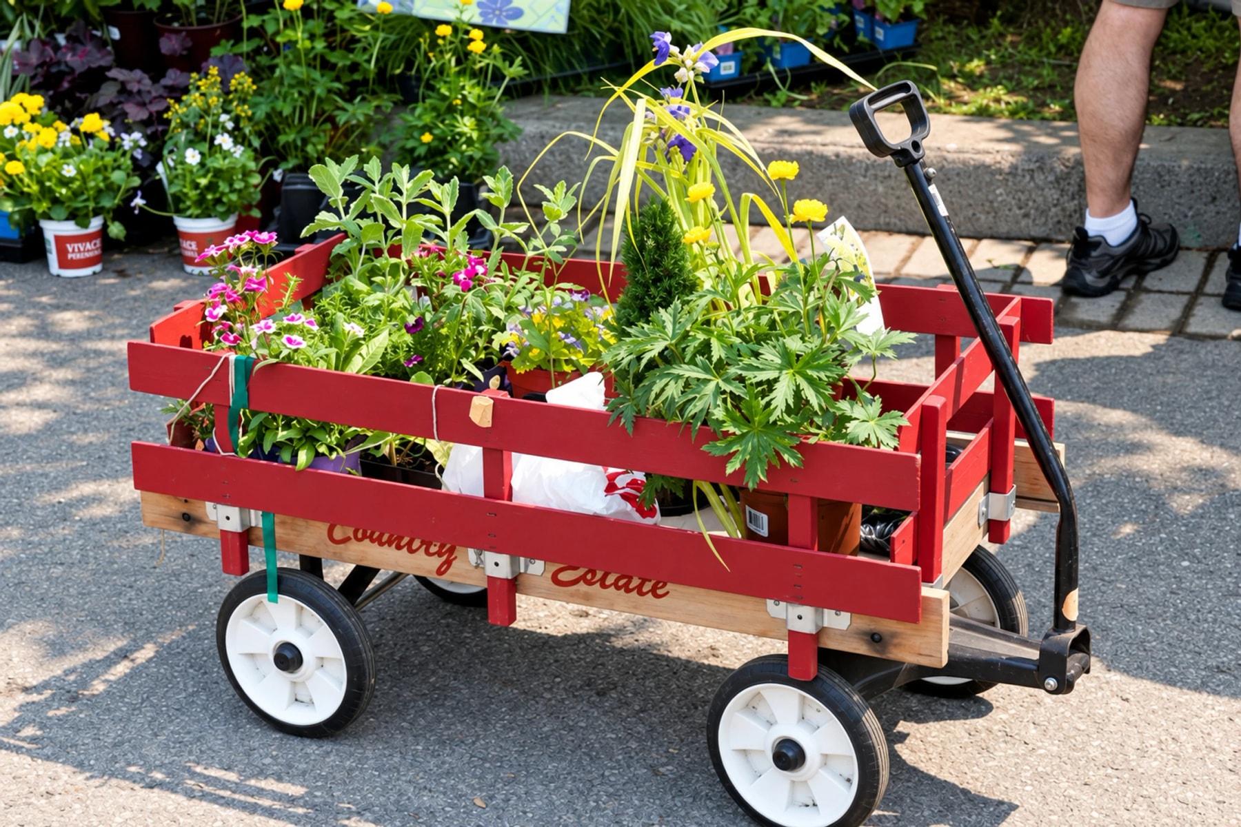 Un chariot rouge rempli de plantes et de fleurs en pots.