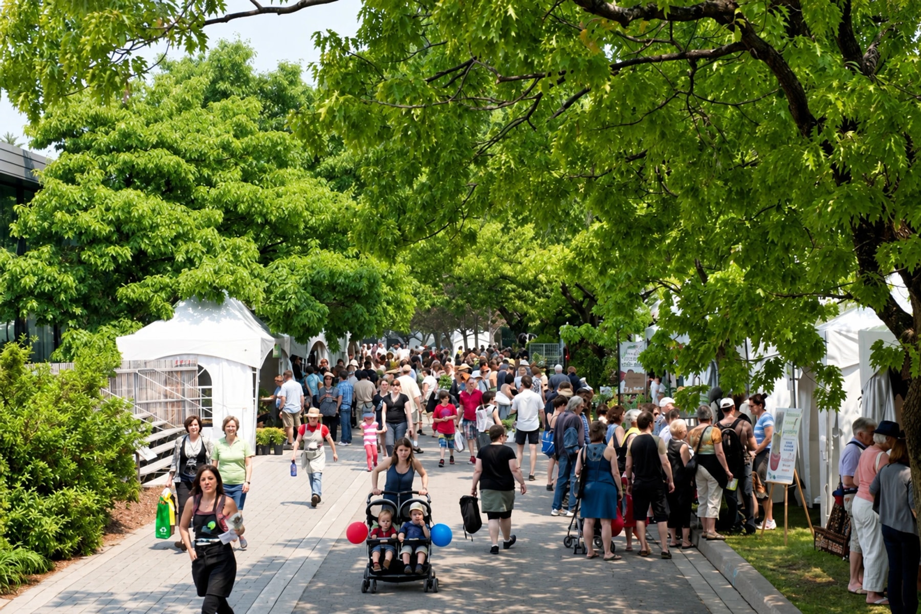 Une foule parcourt des kiosques horticoles sous les arbres.