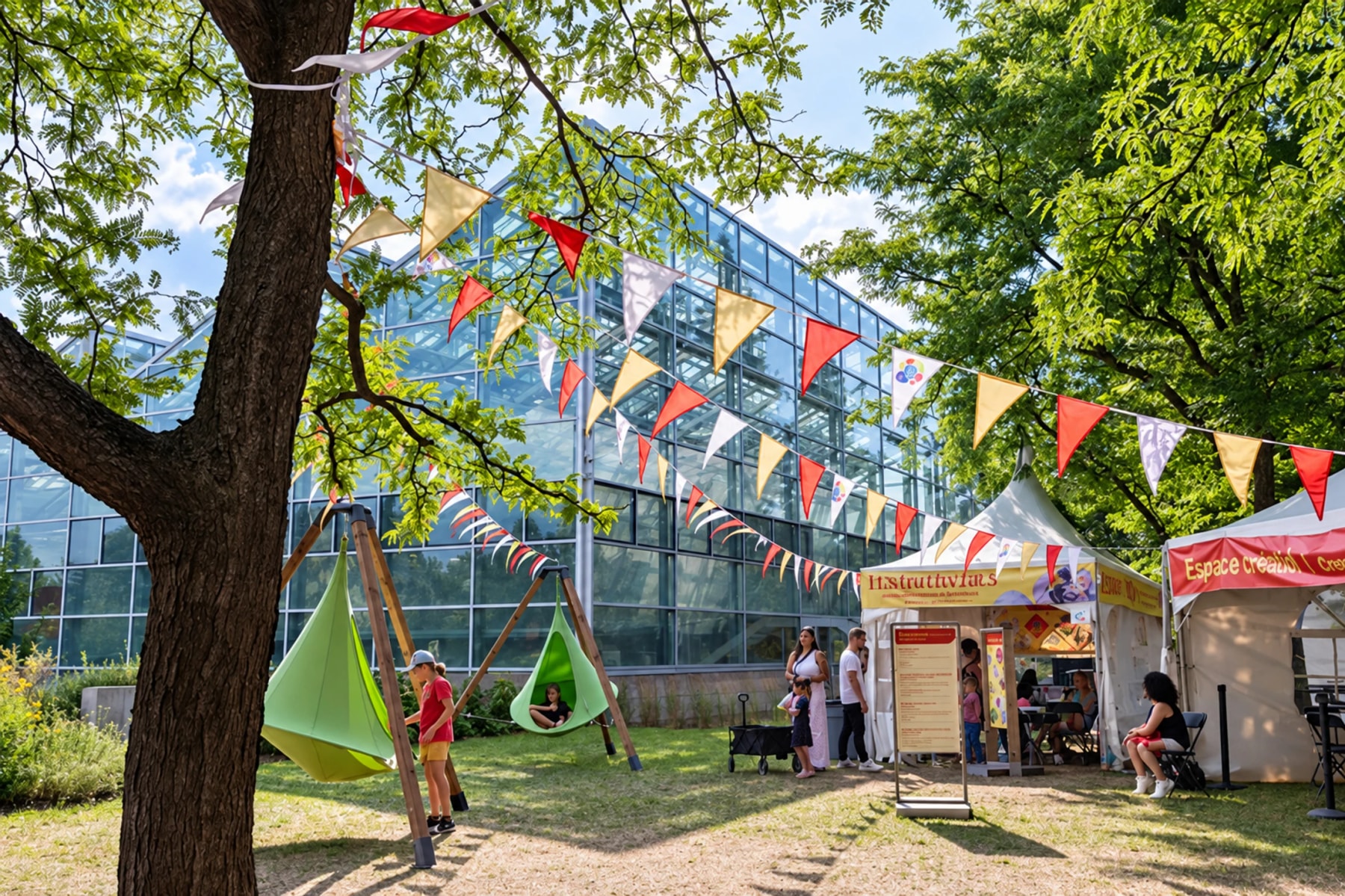 Colourful flags and hanging seats decorate a festival area beside a greenhouse.