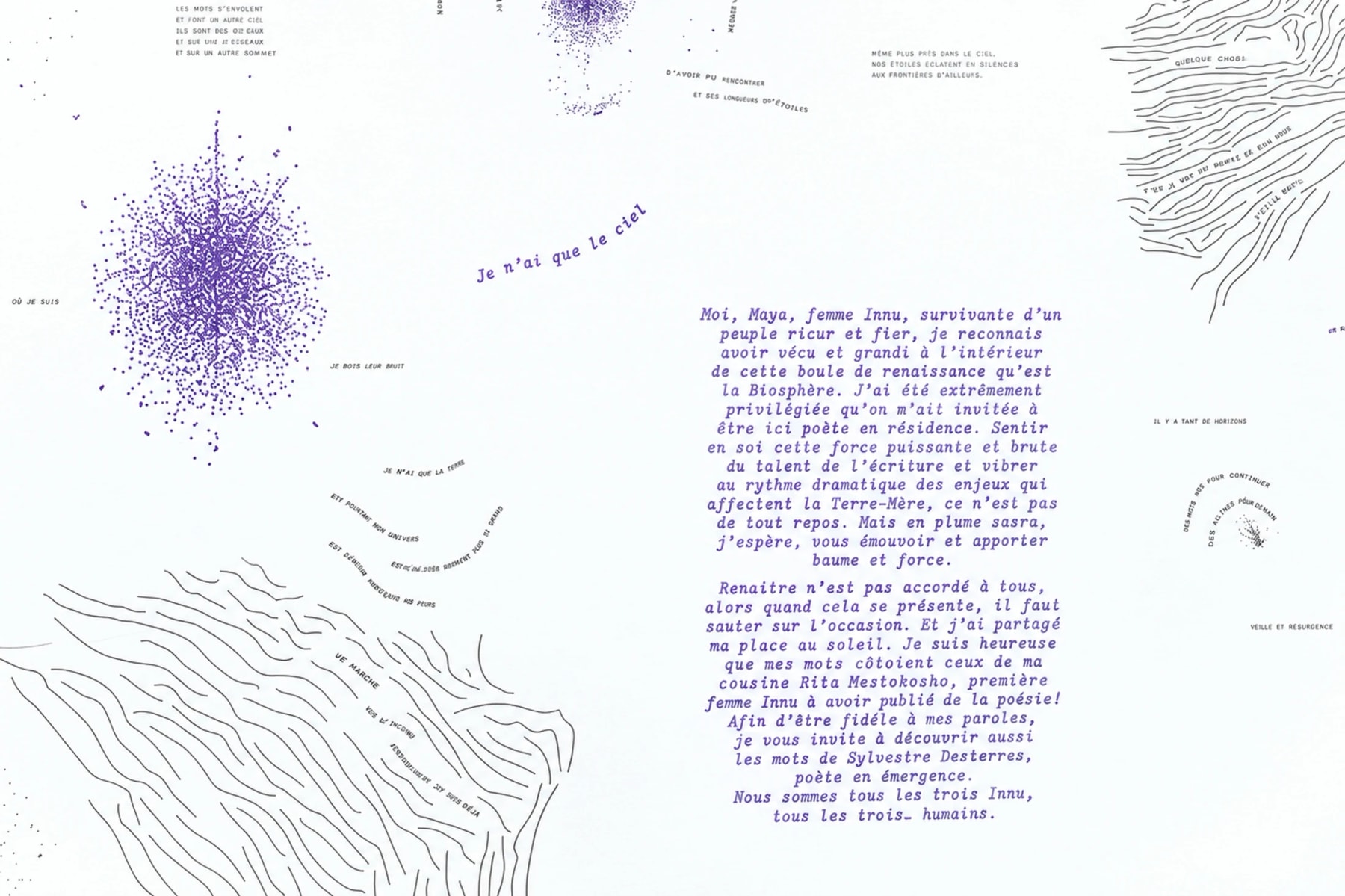 Poetic text by Maya Cousineau Mollen surrounded by fine abstract line drawings.