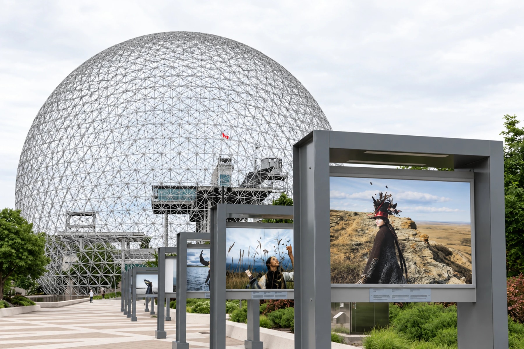 Des photographies exposées en plein air jalonnent l’allée vers le dôme de la Biosphère.