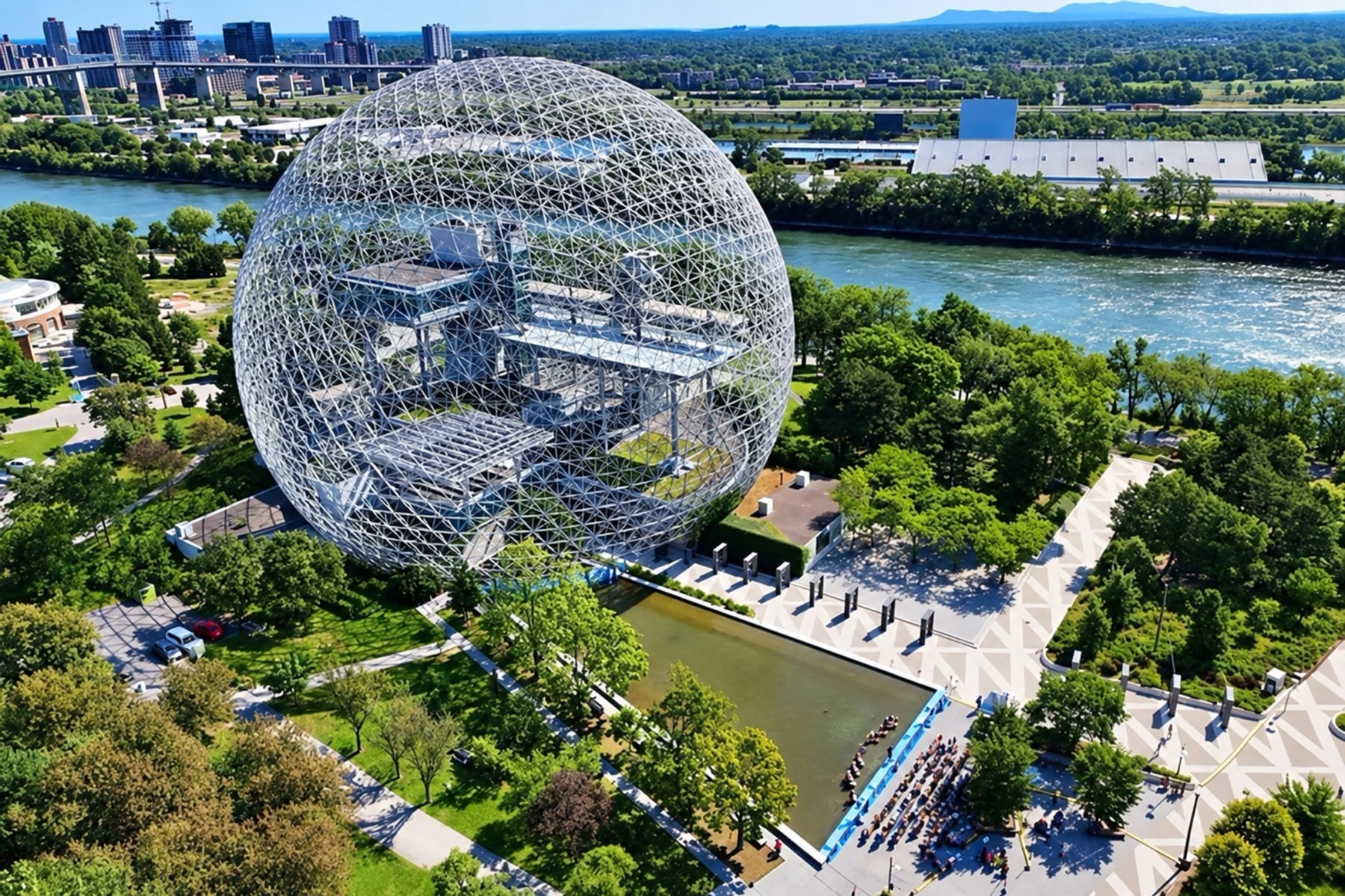 Vue aérienne de la Biosphère entourée d’un parc boisé et de cours d’eau.
