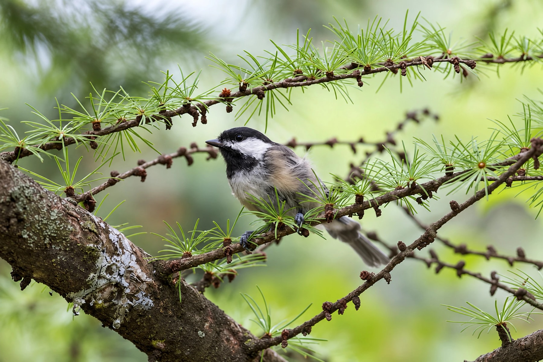 A black-capped chickadee perched among soft green needles.