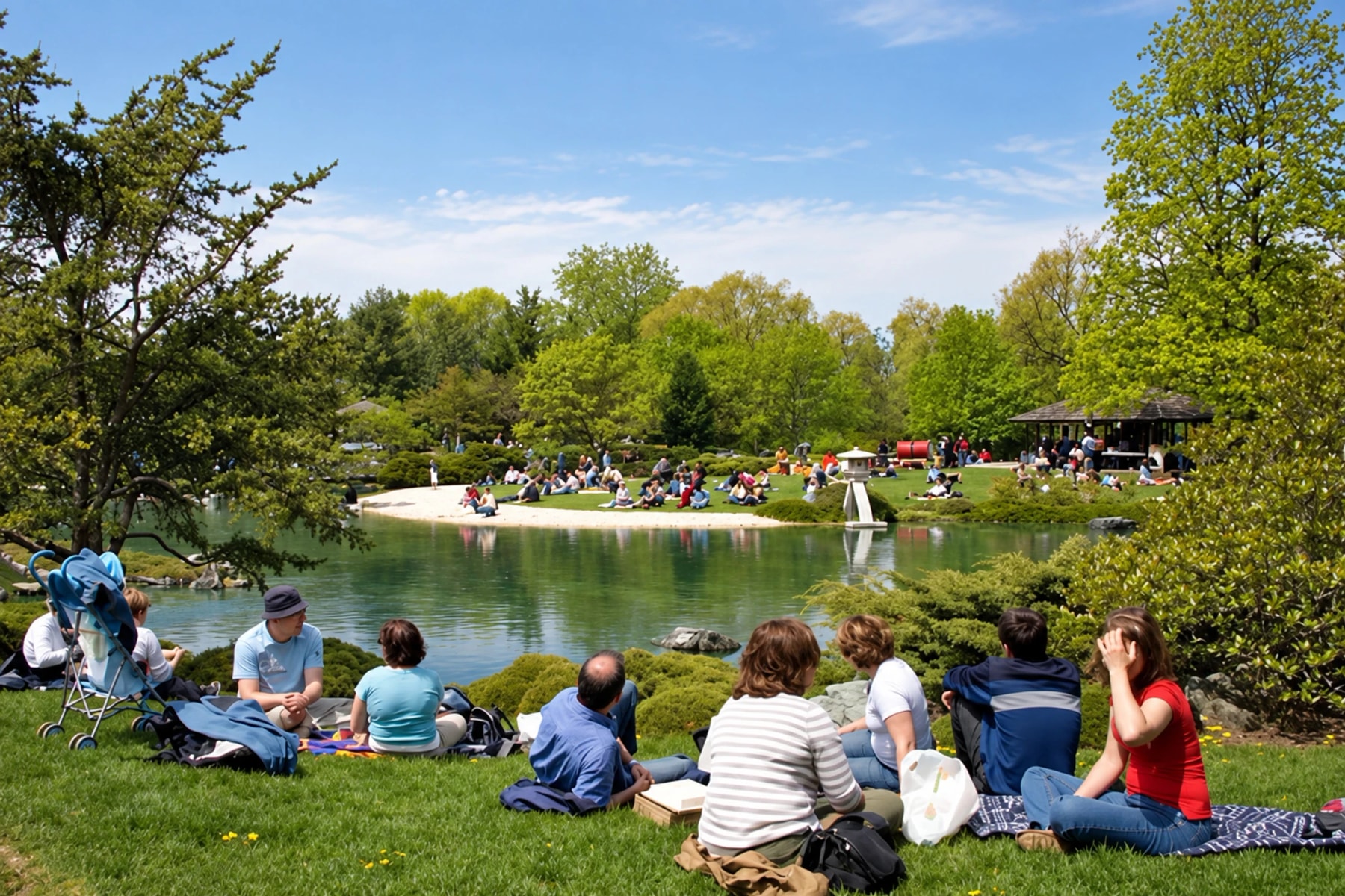 Visitors picnic on the grass beside a garden pond.