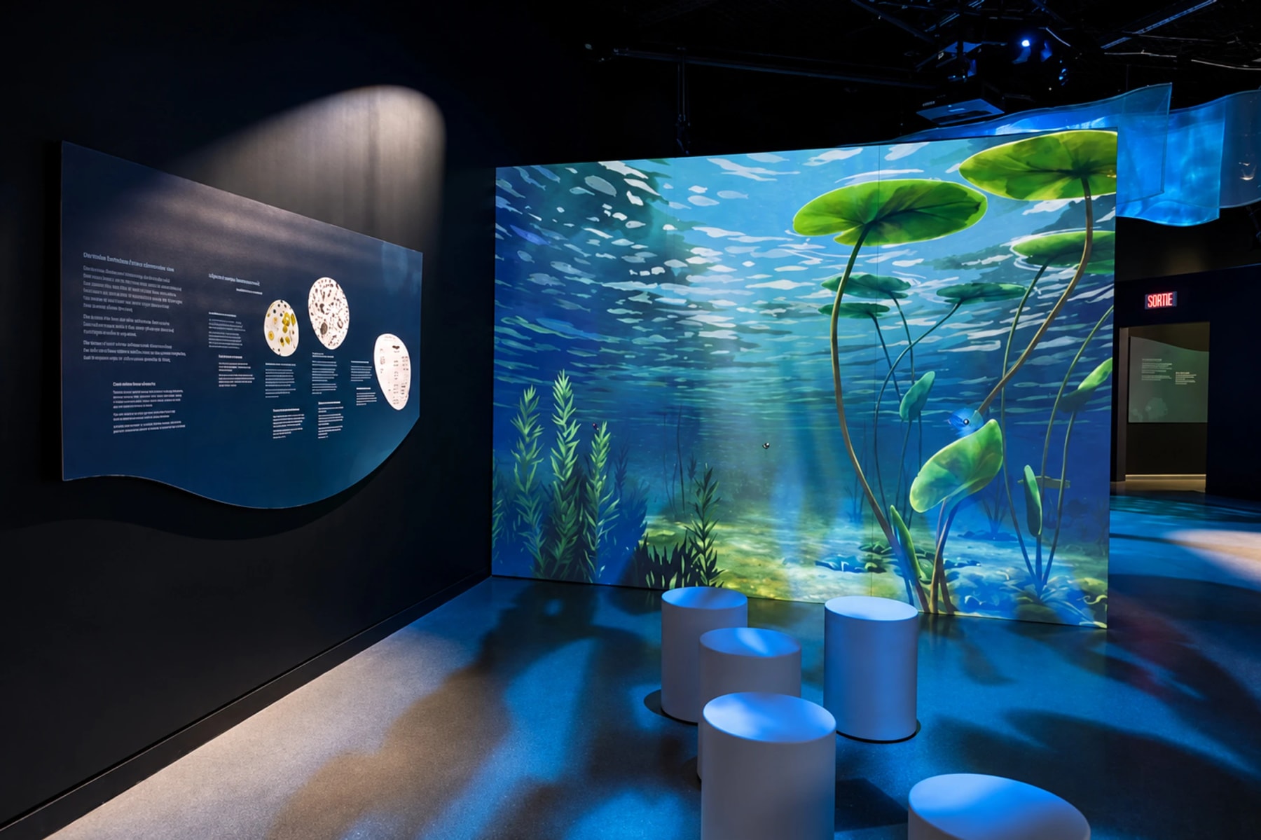 Une salle d’exposition avec une scène sous-marine de nénuphars et des tabourets blancs.