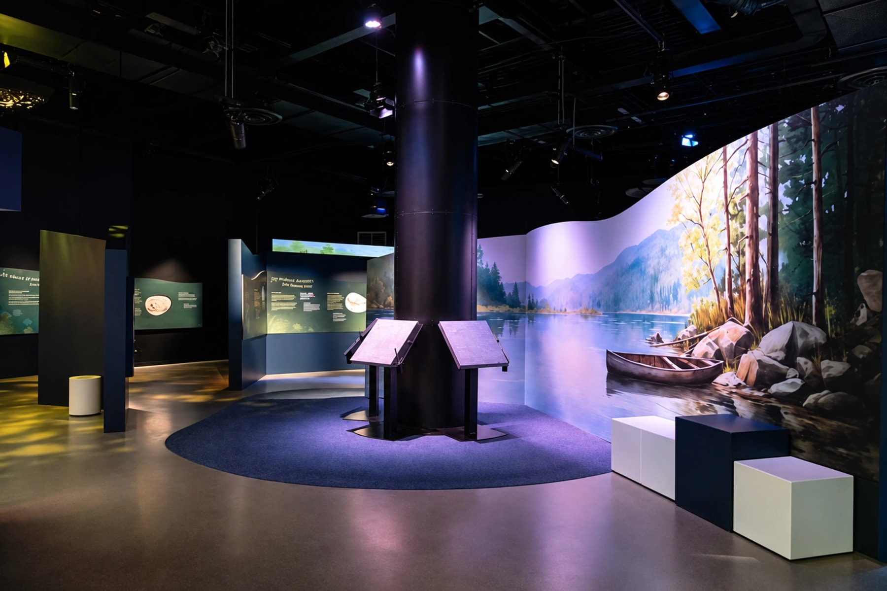 Une salle d’exposition sombre avec une grande scène de bord de lac et des panneaux explicatifs.