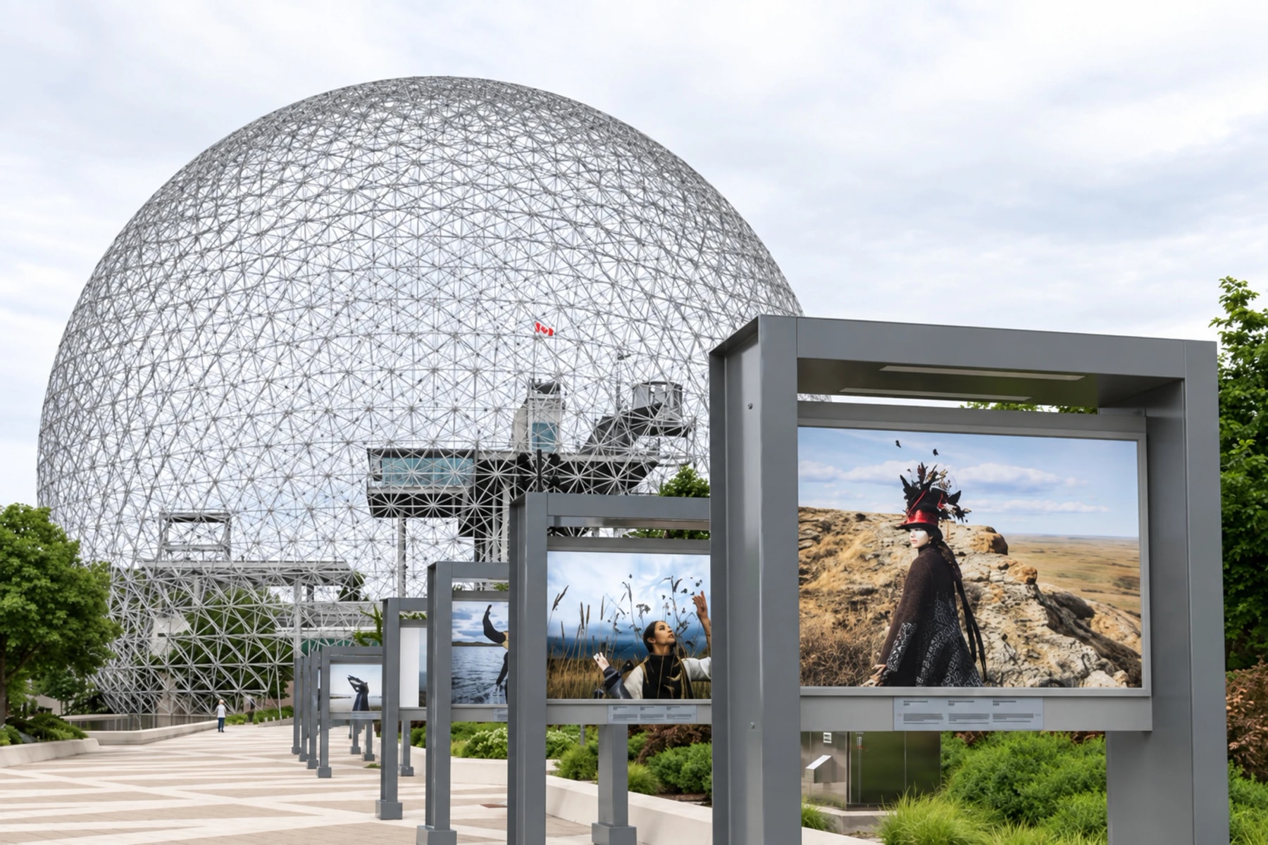Outdoor photograph displays stand in front of the Biosphère’s dome.
