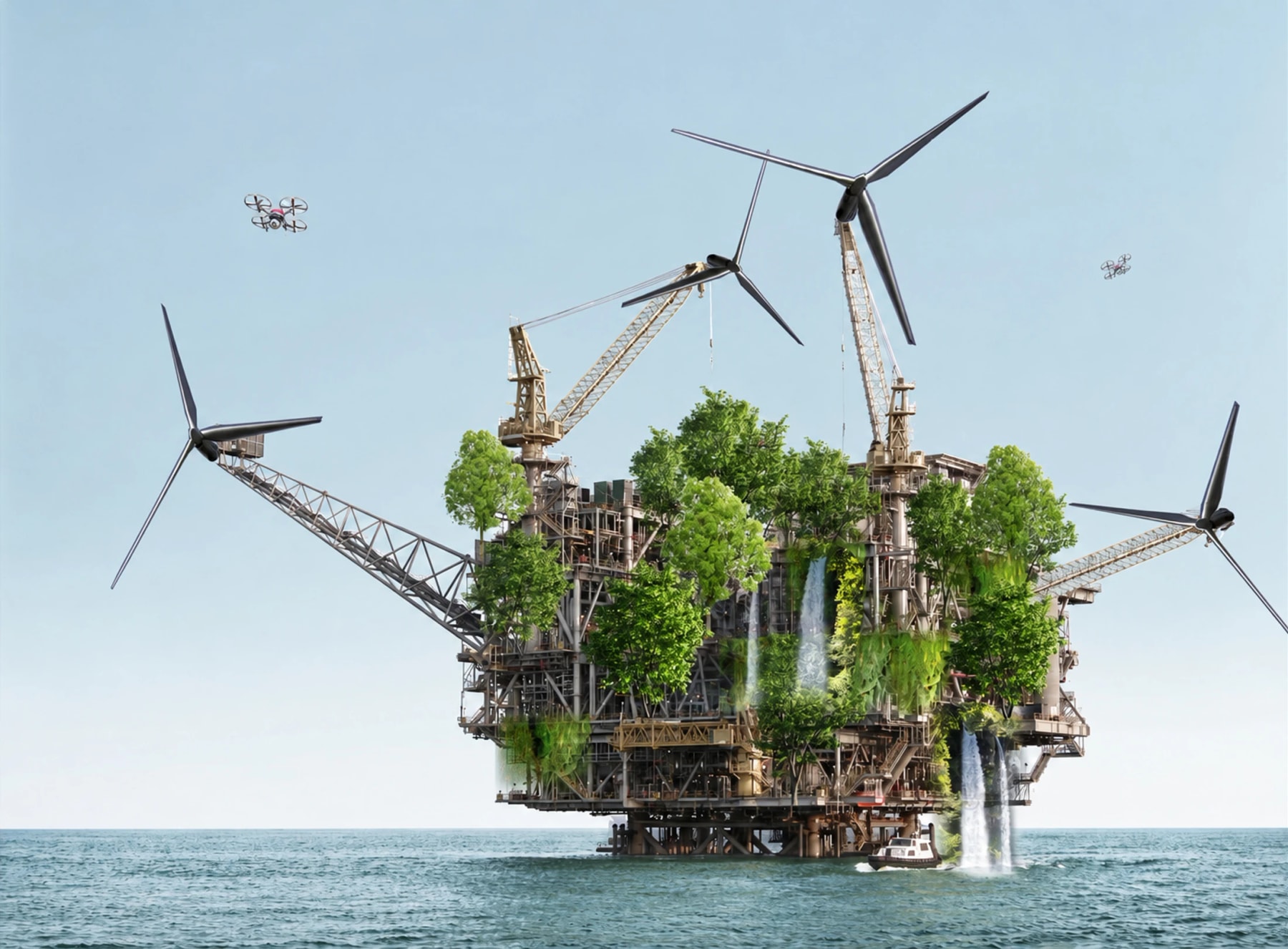 Illustration of a sea platform with trees, wind turbines and waterfalls.