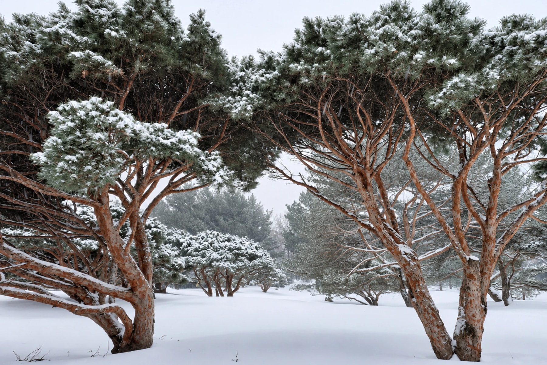 La neige recouvre un bosquet de conifères.
